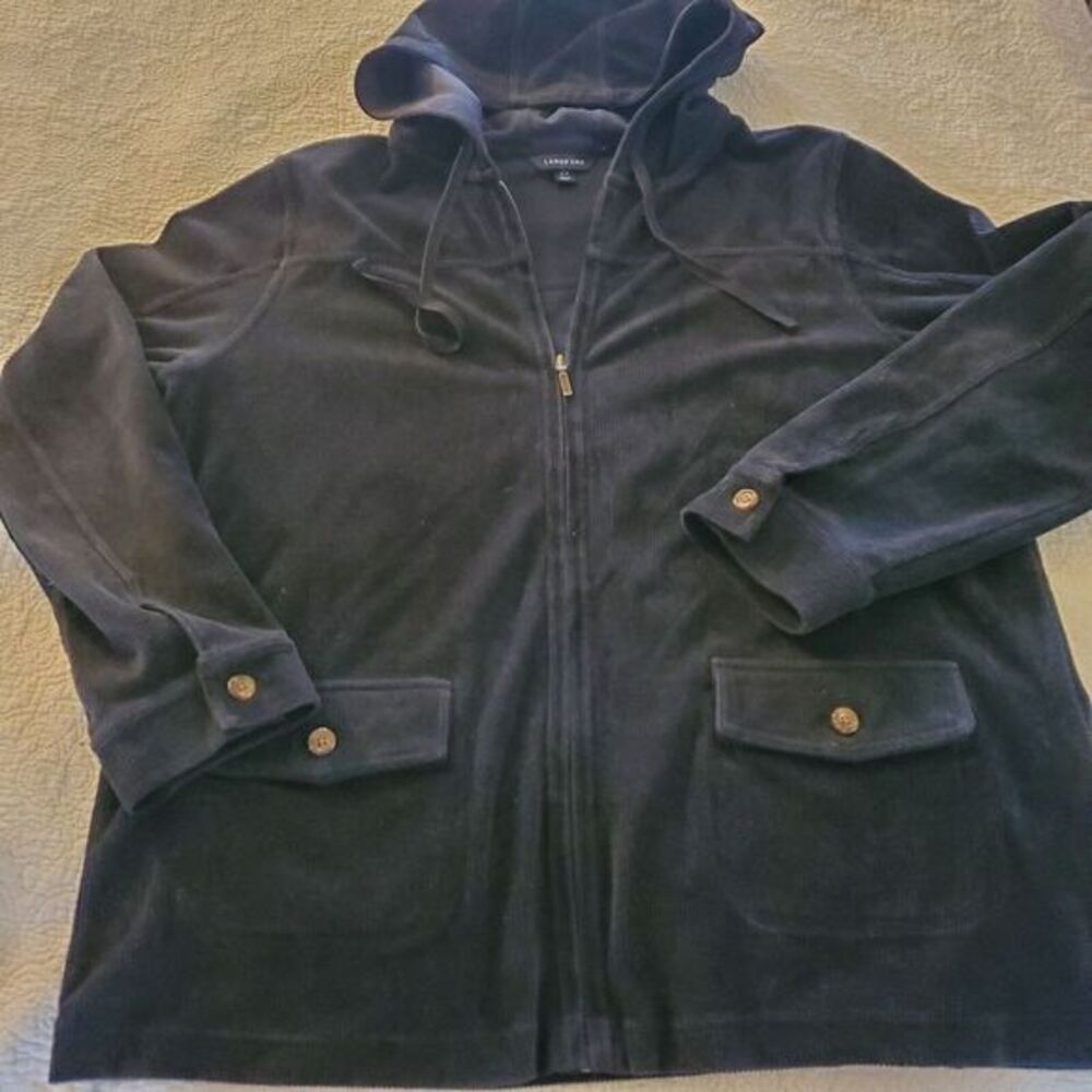 Lands' End Jacket Womens‎ 14-16 Black Full Zip Hooded Corduroy